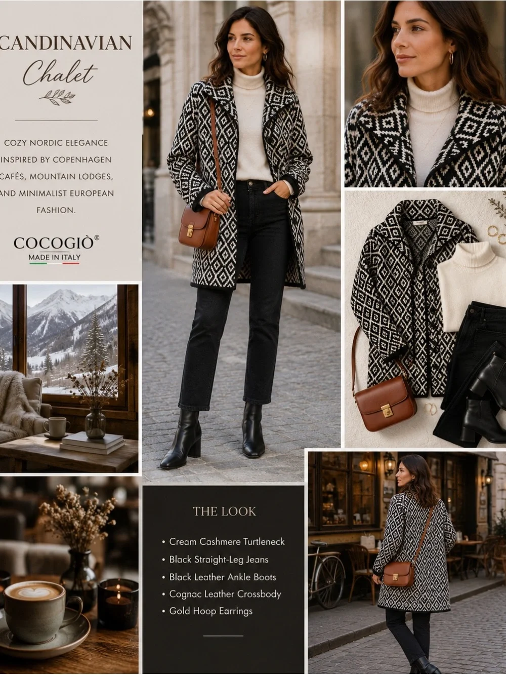 Cocogio Made in Italy Wool Blend Geometric Diamond Knit Cardigan Sweater OS